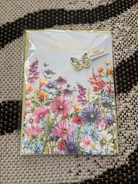 🆕Papyrus “Garden Of Flowers” Butterfly Pin Birthday Greeting Card